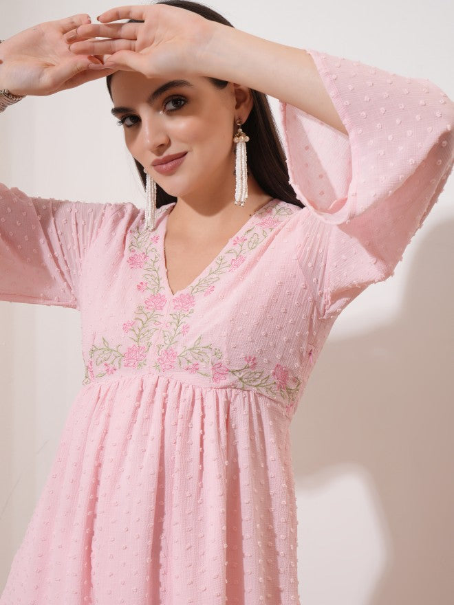 Vishudh Women Pink Embroidered A-Line Kurta - Pink - Image 6