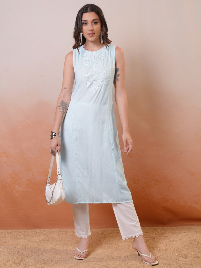 Vishudh Women Blue Embroidered A-Line Kurta - Blue - Image 1