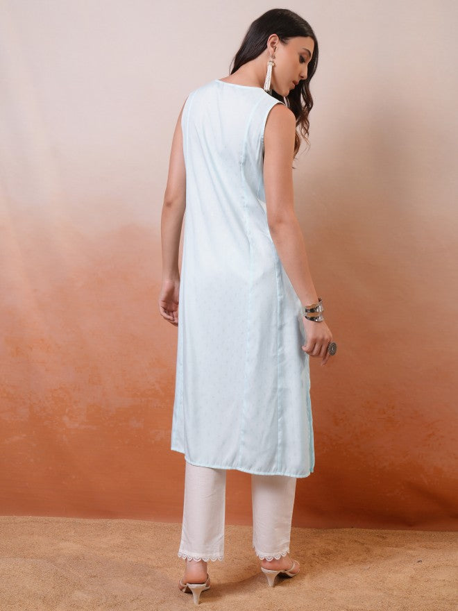 Vishudh Women Blue Embroidered A-Line Kurta - Blue - Image 3
