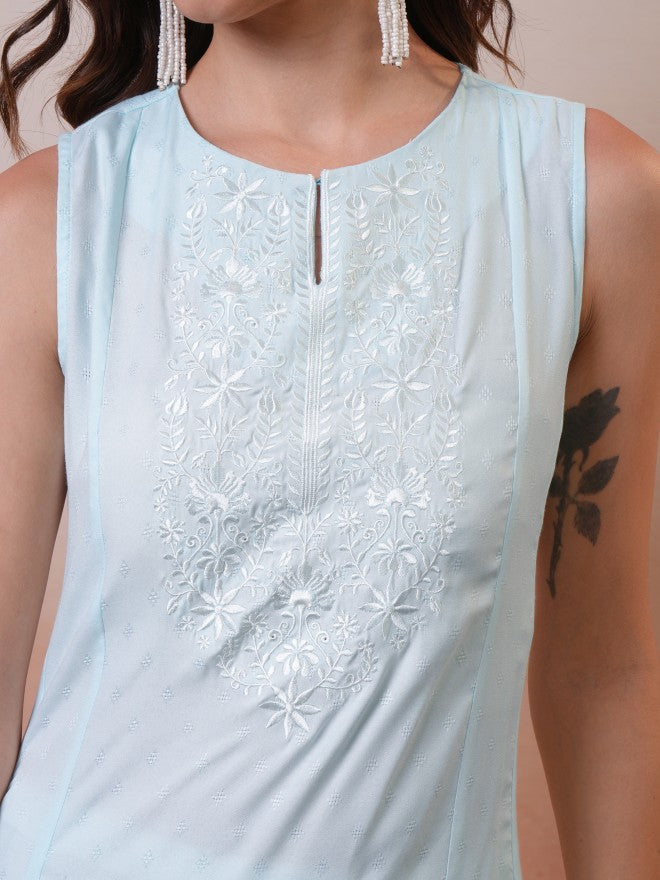 Vishudh Women Blue Embroidered A-Line Kurta - Blue - Image 5