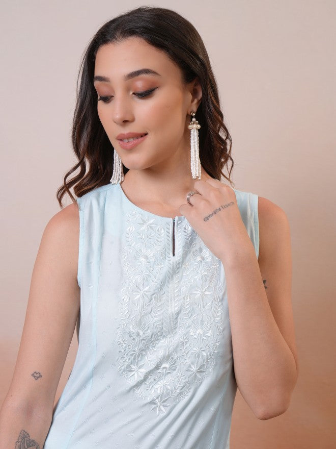 Vishudh Women Blue Embroidered A-Line Kurta - Blue - Image 6