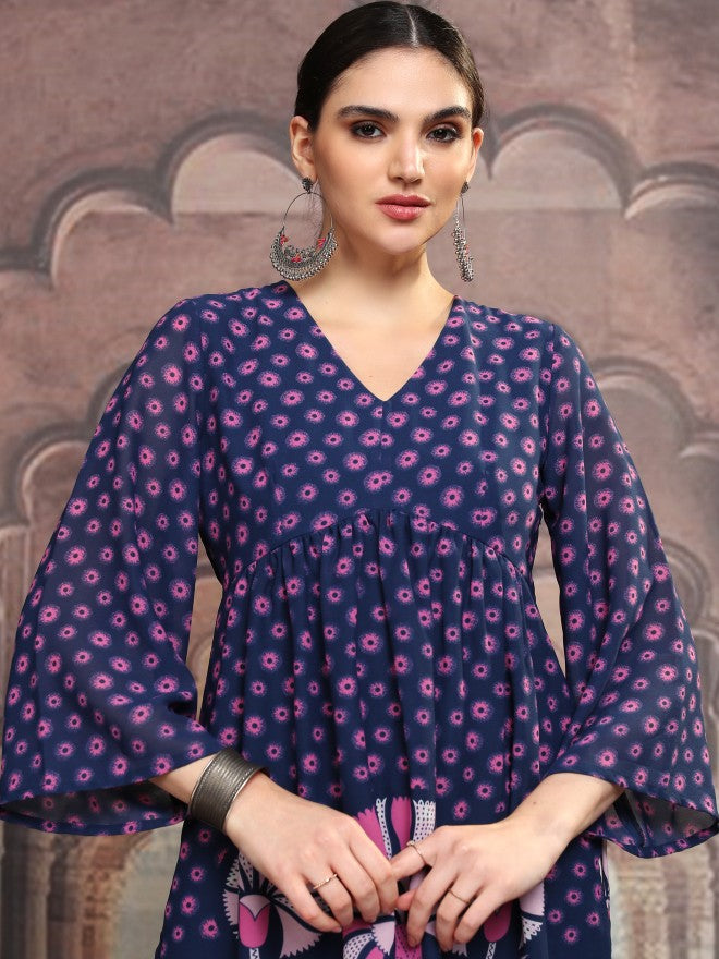 Vishudh Women Navy Blue Printed A-Line Kurta - Navy Blue - Image 1