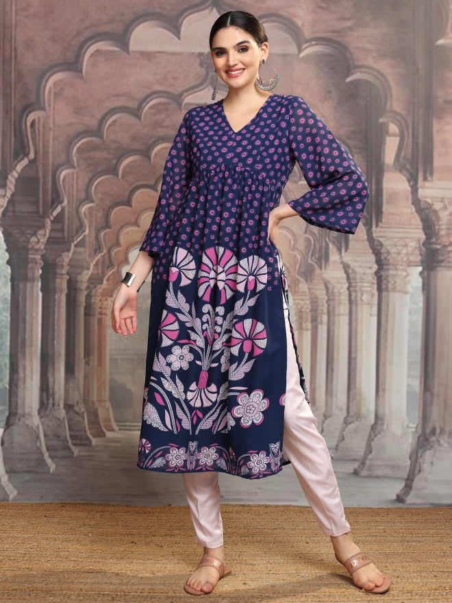 Vishudh Women Navy Blue Printed A-Line Kurta - Navy Blue - Image 2