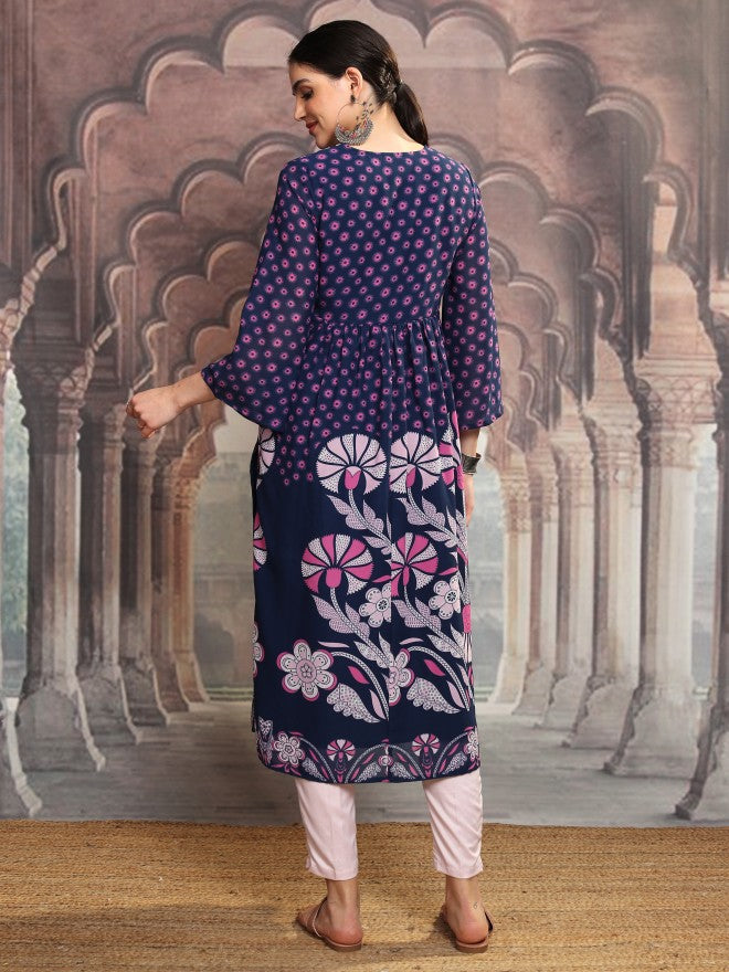 Vishudh Women Navy Blue Printed A-Line Kurta - Navy Blue - Image 3