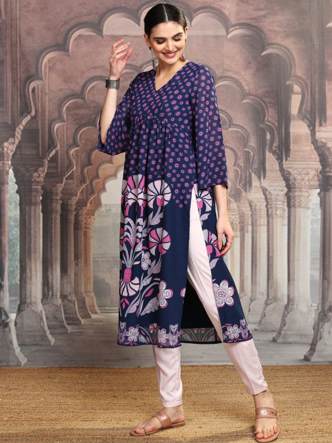 Vishudh Women Navy Blue Printed A-Line Kurta - Navy Blue - Image 4
