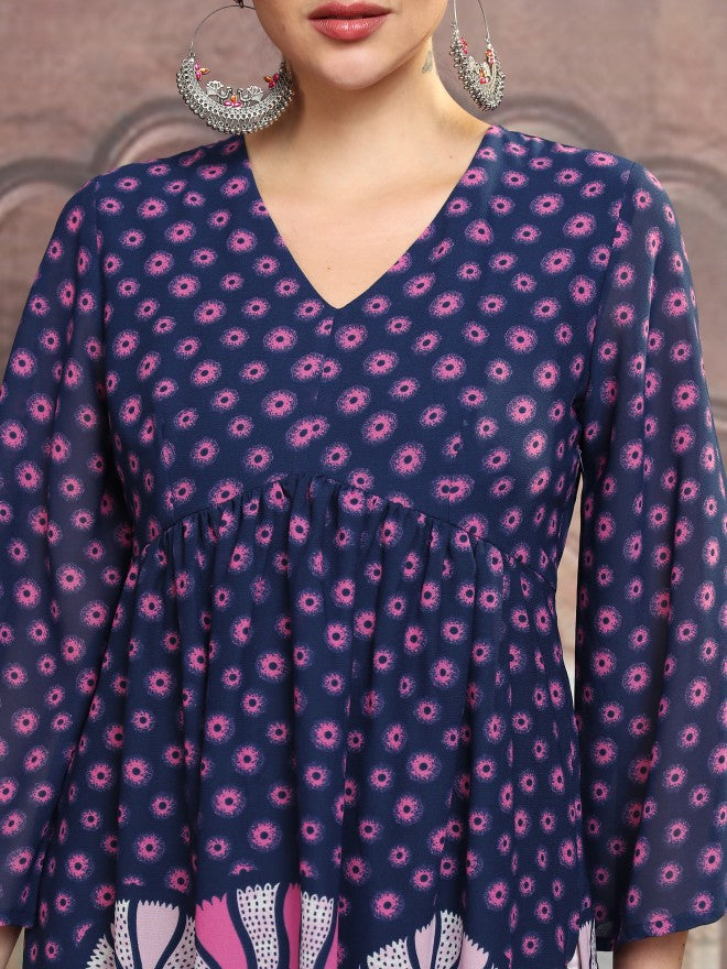Vishudh Women Navy Blue Printed A-Line Kurta - Navy Blue - Image 5