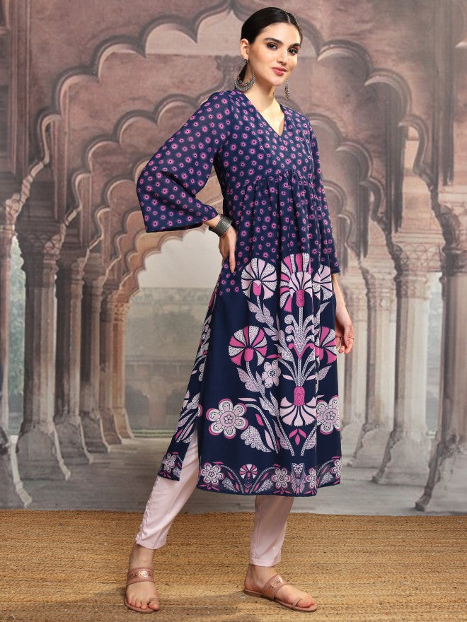 Vishudh Women Navy Blue Printed A-Line Kurta - Navy Blue - Image 6