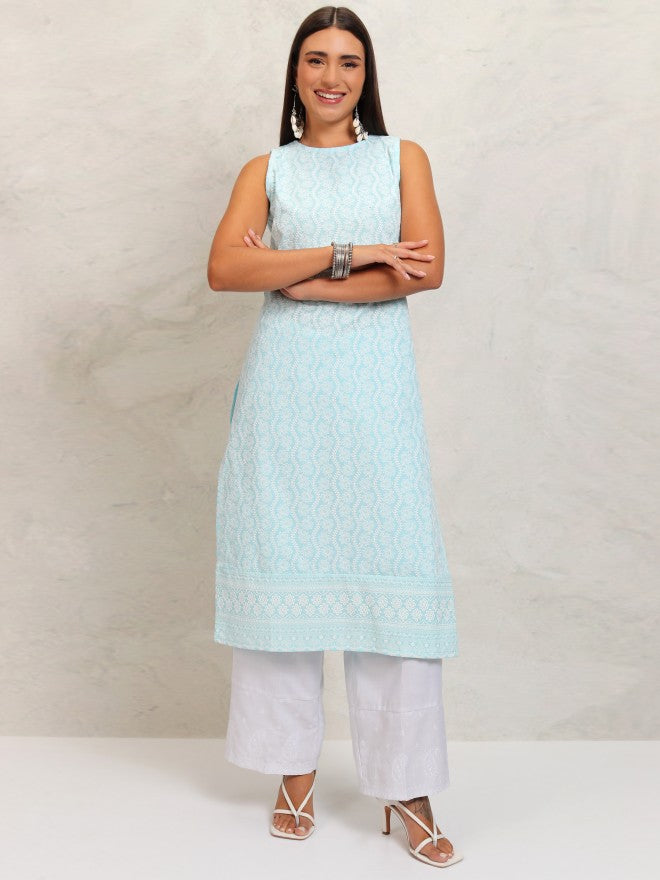 Vishudh Women Aqua Blue Sleeveless Embrioderd Straight Regular Kurta - Blue - Image 2
