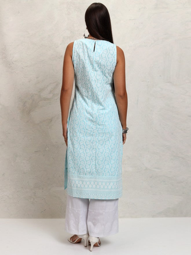 Vishudh Women Aqua Blue Sleeveless Embrioderd Straight Regular Kurta - Blue - Image 3