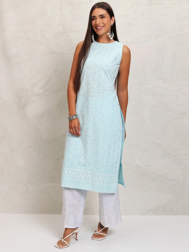 Vishudh Women Aqua Blue Sleeveless Embrioderd Straight Regular Kurta - Blue - Image 4