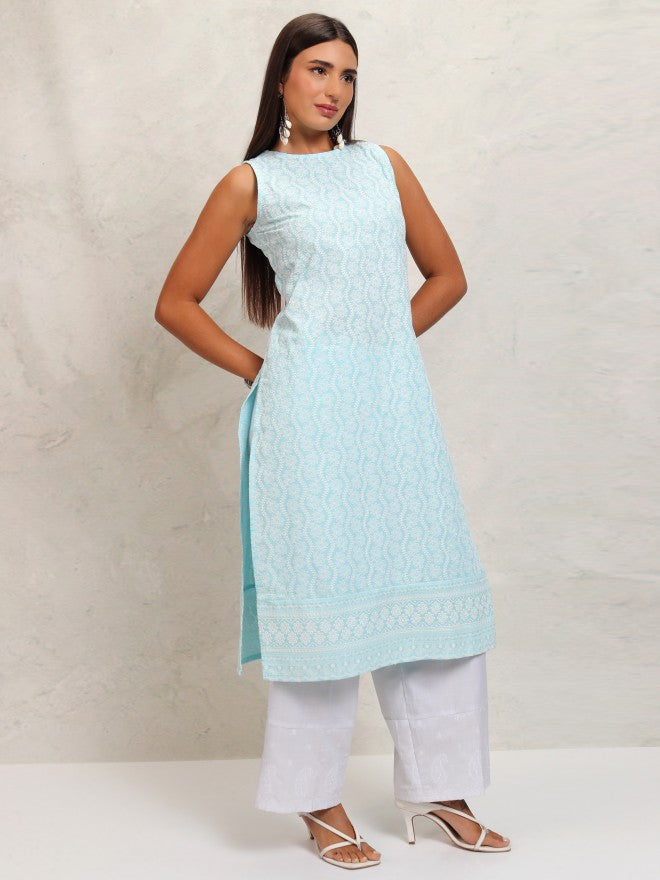 Vishudh Women Aqua Blue Sleeveless Embrioderd Straight Regular Kurta - Blue - Image 6