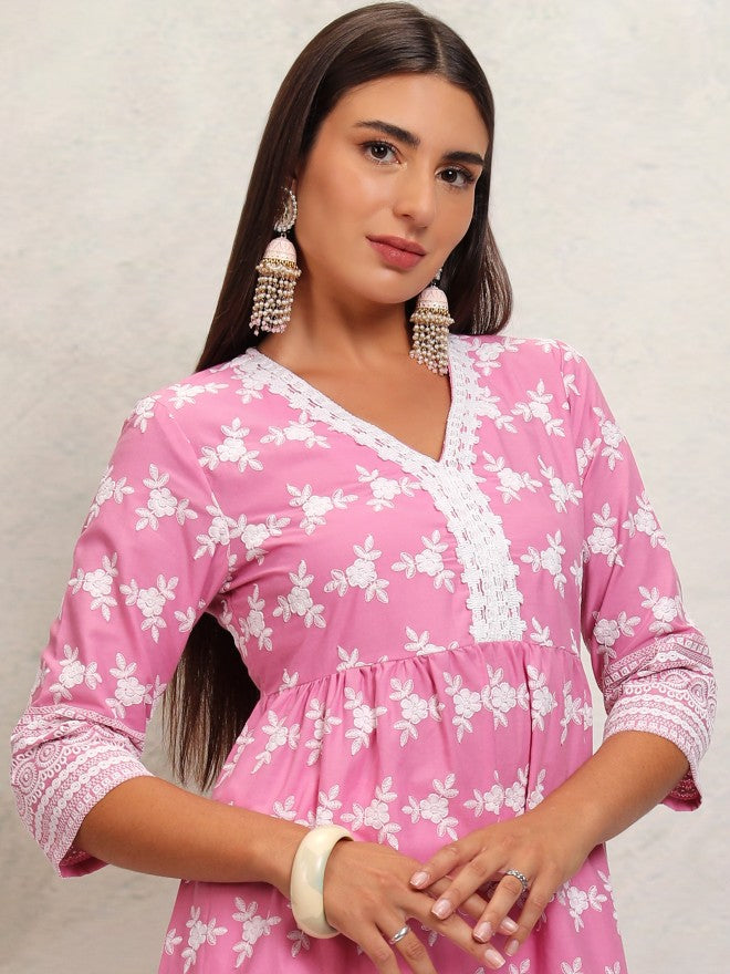Vishudh Women Pink Gathered Embrioderd A-Line Kurta - Pink - Image 1