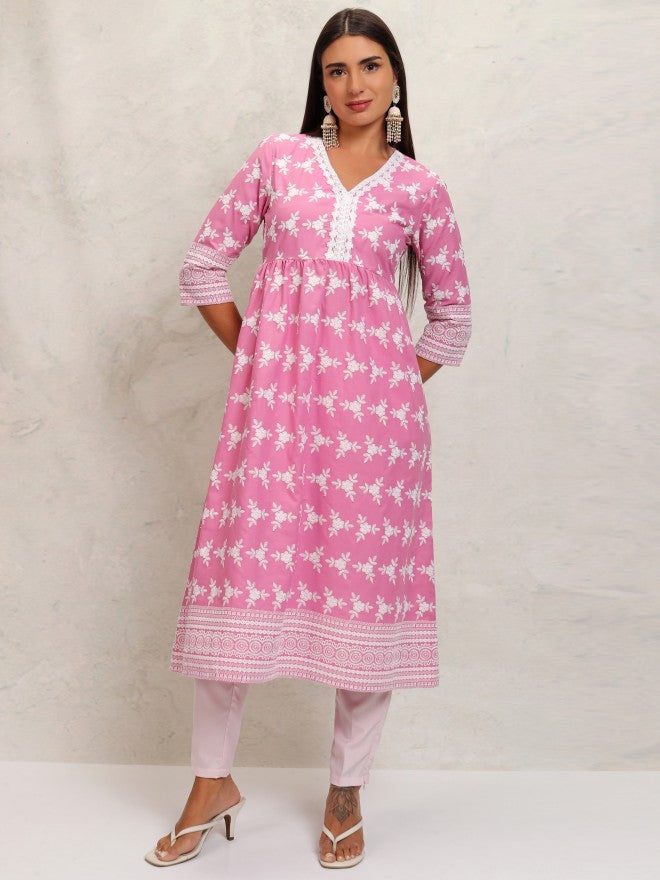 Vishudh Women Pink Gathered Embrioderd A-Line Kurta - Pink - Image 2