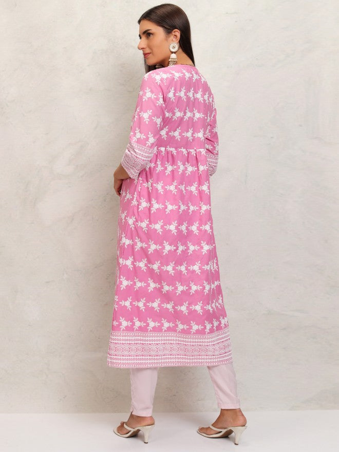 Vishudh Women Pink Gathered Embrioderd A-Line Kurta - Pink - Image 3