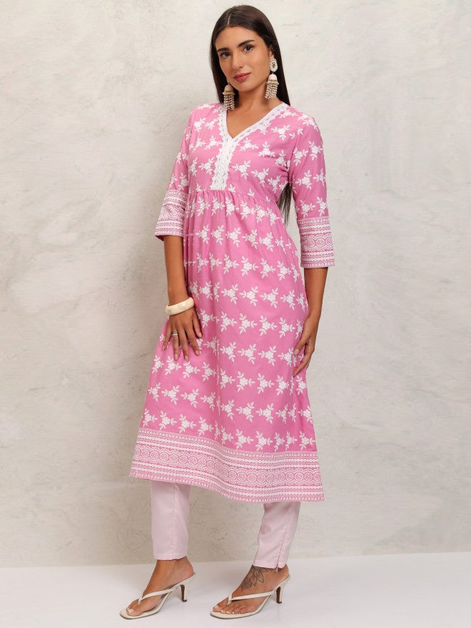 Vishudh Women Pink Gathered Embrioderd A-Line Kurta - Pink - Image 4