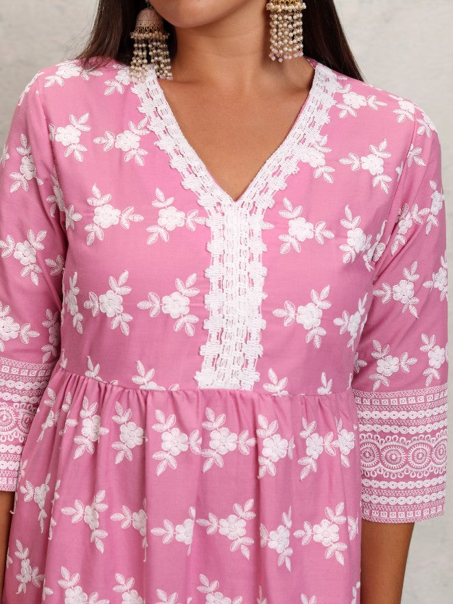Vishudh Women Pink Gathered Embrioderd A-Line Kurta - Pink - Image 5