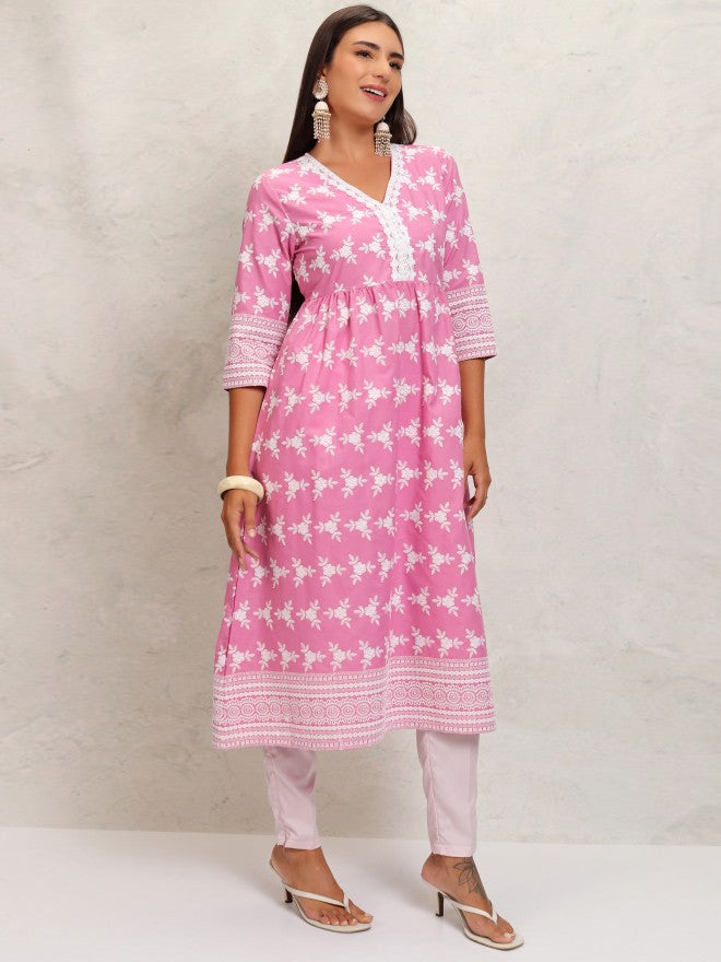 Vishudh Women Pink Gathered Embrioderd A-Line Kurta - Pink - Image 6