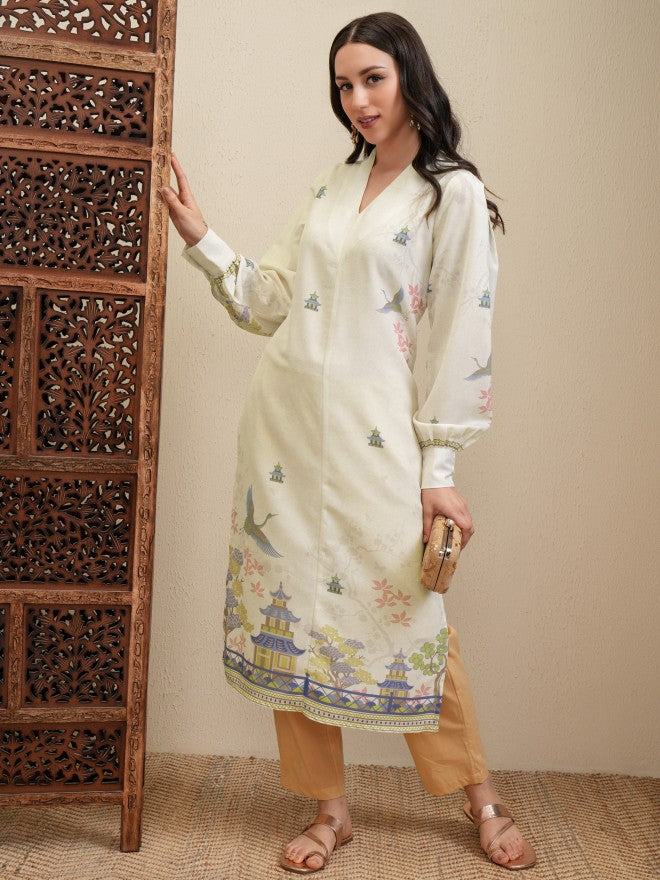 Vishudh Women Cream Printed Straight Dress - Cream - Image 2