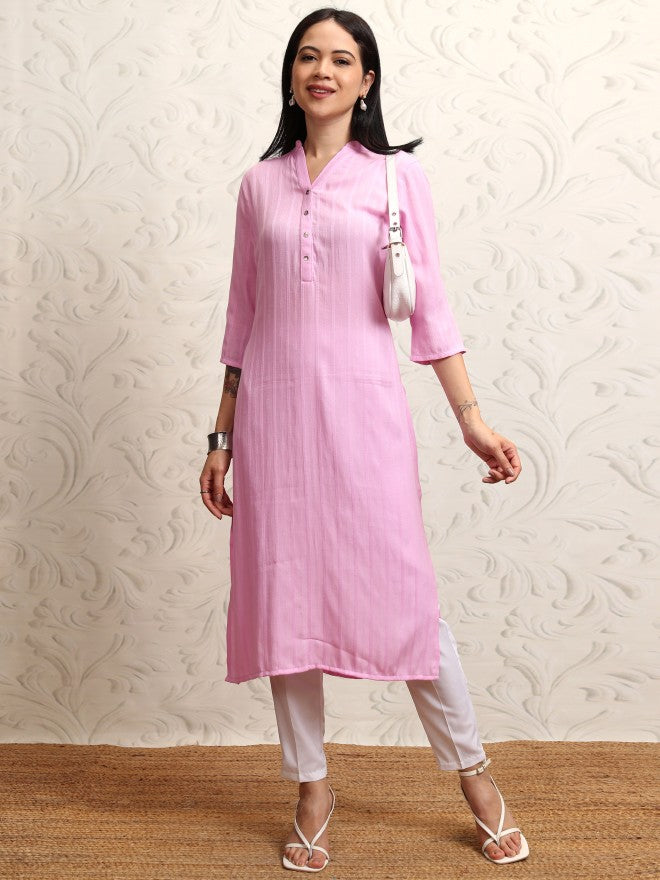 Vishudh Women Lavender Striped Straight Kurta - Lavender - Image 2