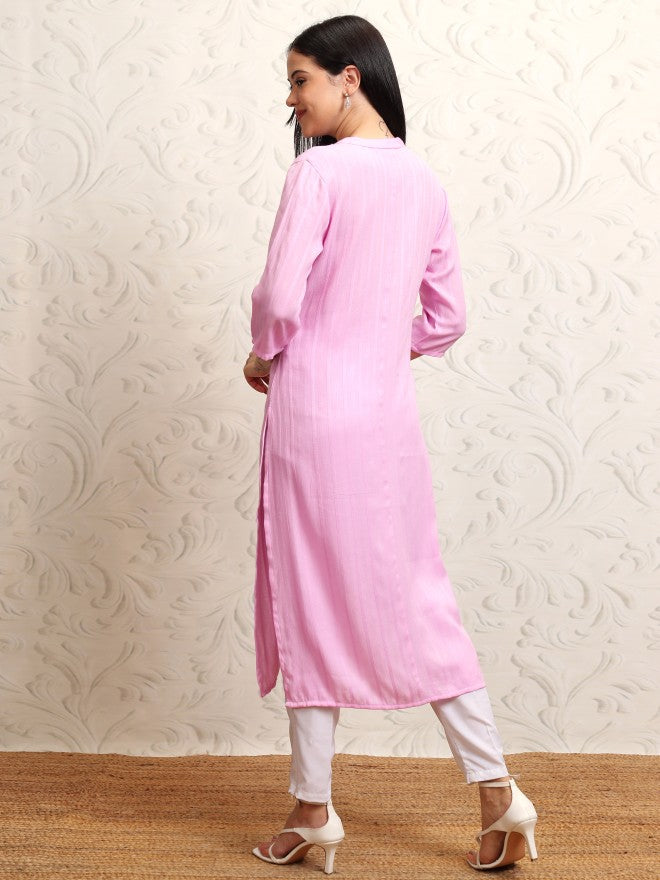Vishudh Women Lavender Striped Straight Kurta - Lavender - Image 3