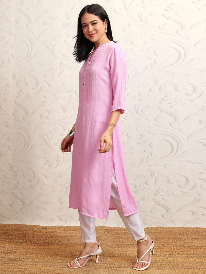 Vishudh Women Lavender Striped Straight Kurta - Lavender - Image 4