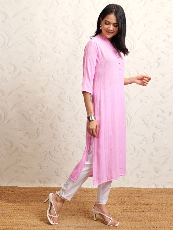 Vishudh Women Lavender Striped Straight Kurta - Lavender - Image 6