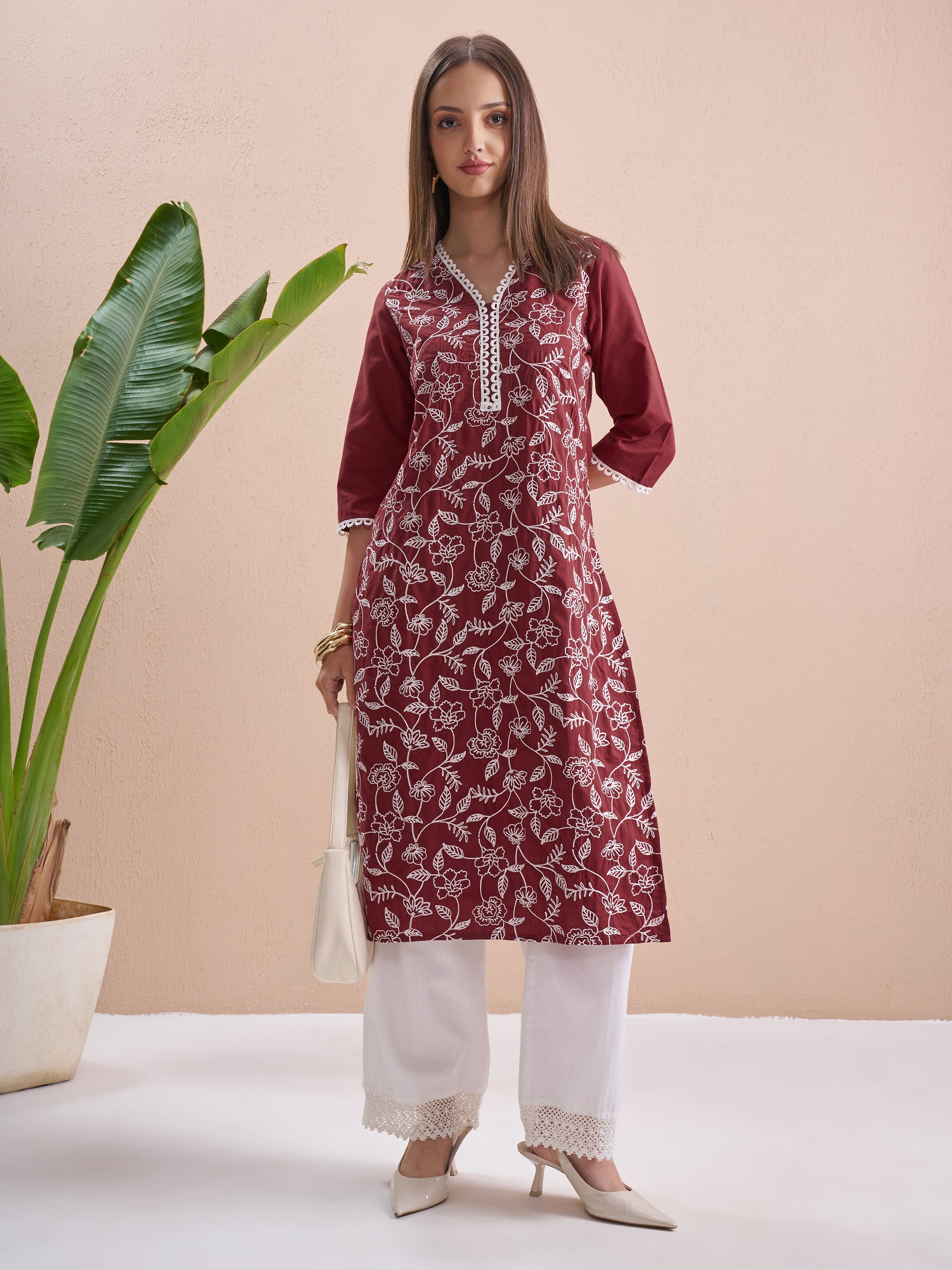 Vishudh Women Burgundy Embroidered Straight Kurta - Burgundy - Image 2