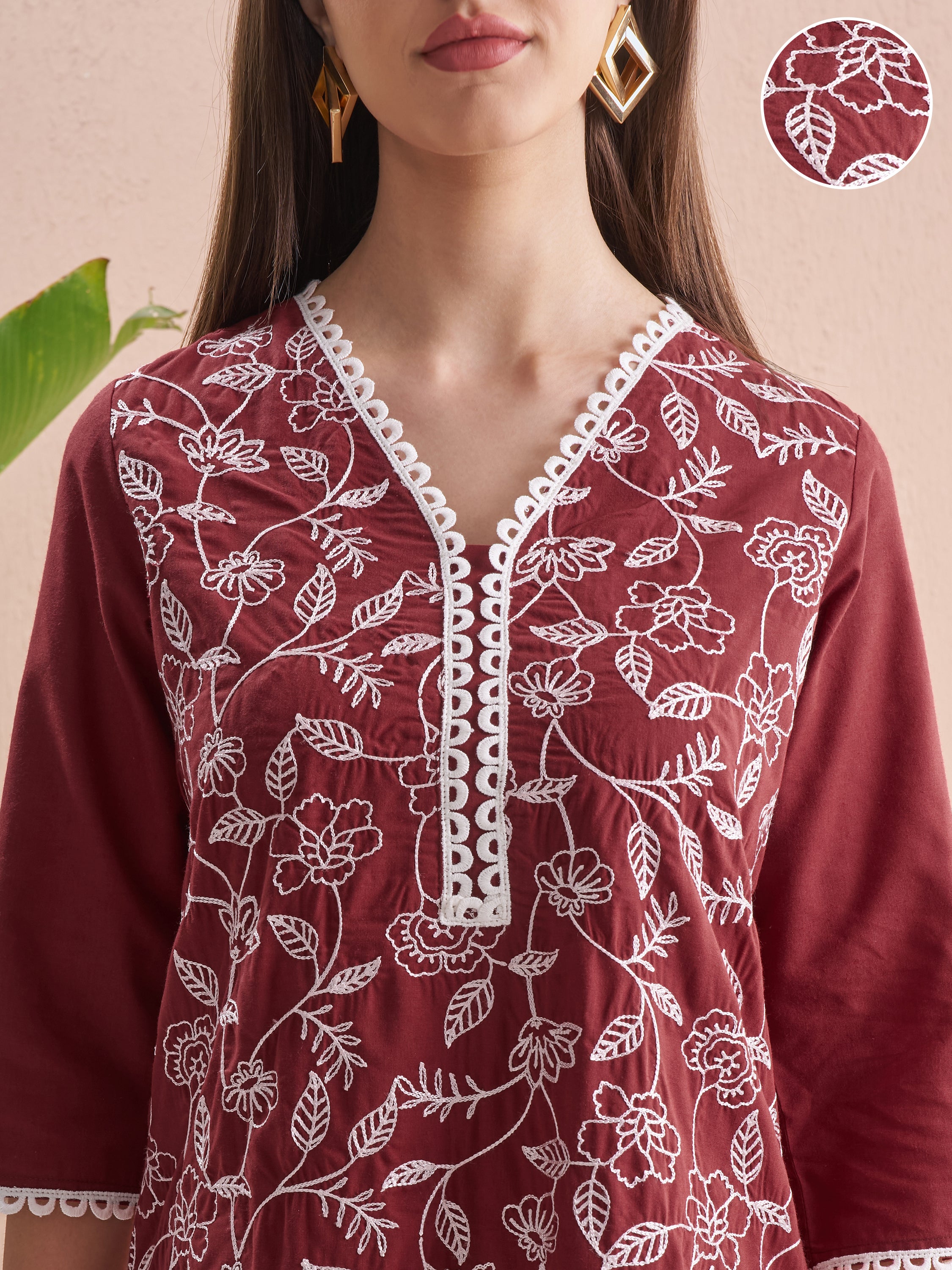 Vishudh Women Burgundy Embroidered Straight Kurta - Burgundy - Image 5