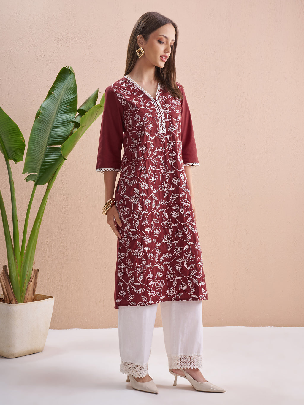 Vishudh Women Burgundy Embroidered Straight Kurta - Burgundy - Image 6