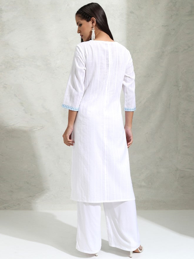 Vishudh Women White Embroidered Straight Kurta - White - Image 3