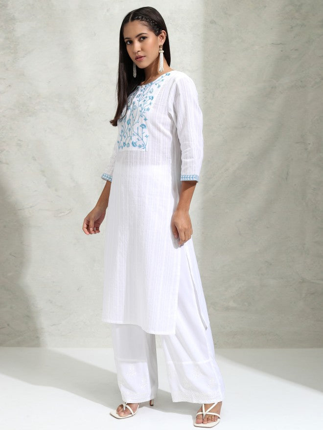 Vishudh Women White Embroidered Straight Kurta - White - Image 4
