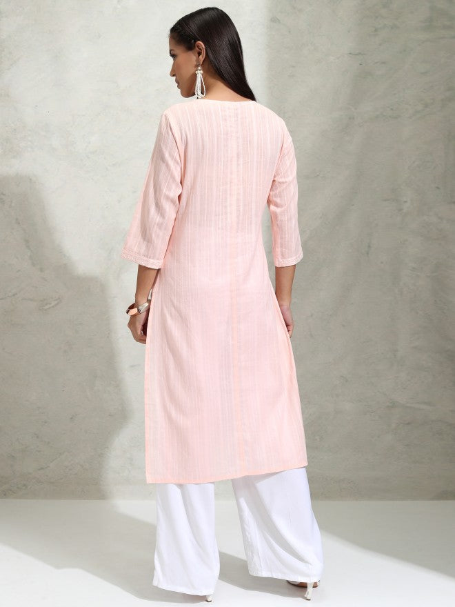 Vishudh Women Pink Embroidered Straight Kurta - Pink - Image 3