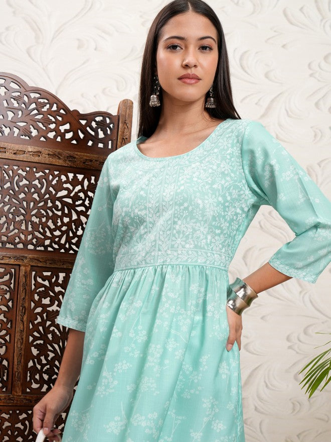 Vishudh Women Turquoise Printed A-Line Kurta - Turquoise - Image 1