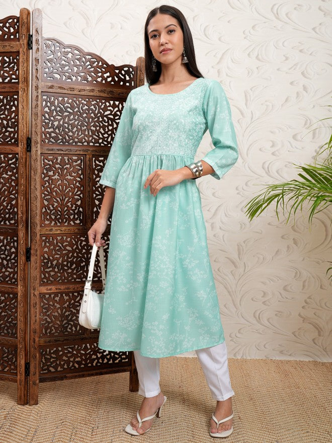 Vishudh Women Turquoise Printed A-Line Kurta - Turquoise - Image 2