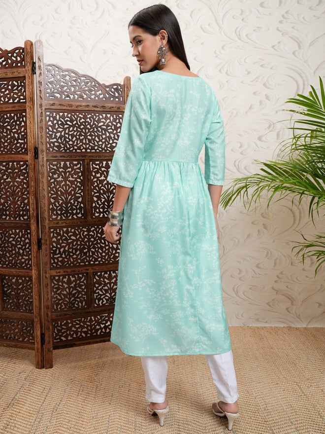 Vishudh Women Turquoise Printed A-Line Kurta - Turquoise - Image 3
