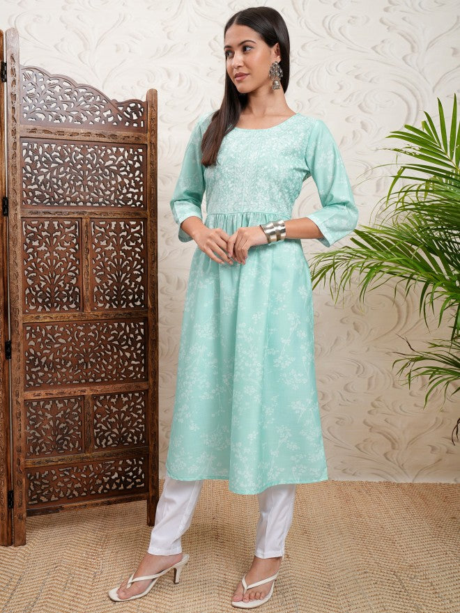 Vishudh Women Turquoise Printed A-Line Kurta - Turquoise - Image 4