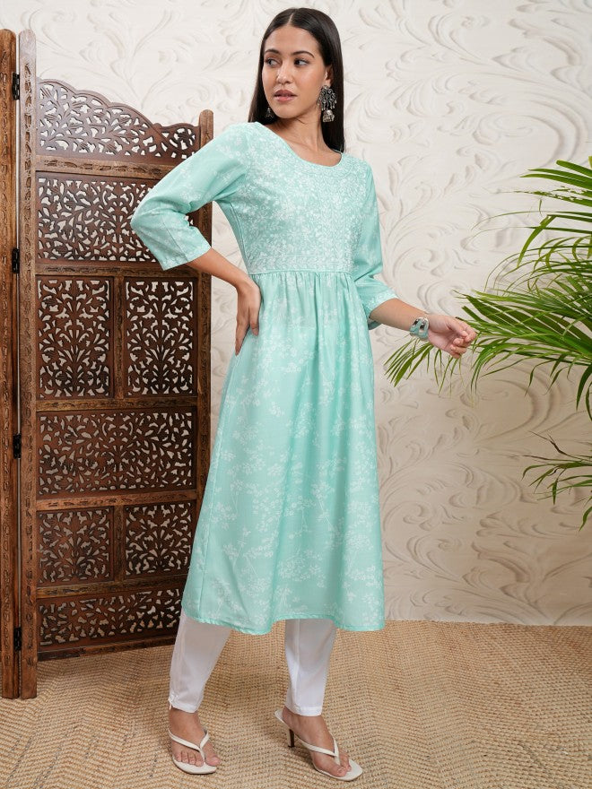 Vishudh Women Turquoise Printed A-Line Kurta - Turquoise - Image 6