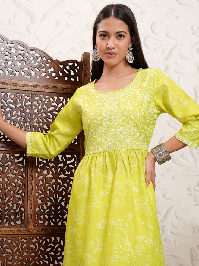 Vishudh Women Green Printed A-Line Kurta - Green - Image 1