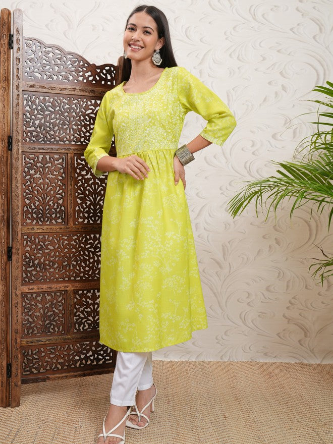 Vishudh Women Green Printed A-Line Kurta - Green - Image 2