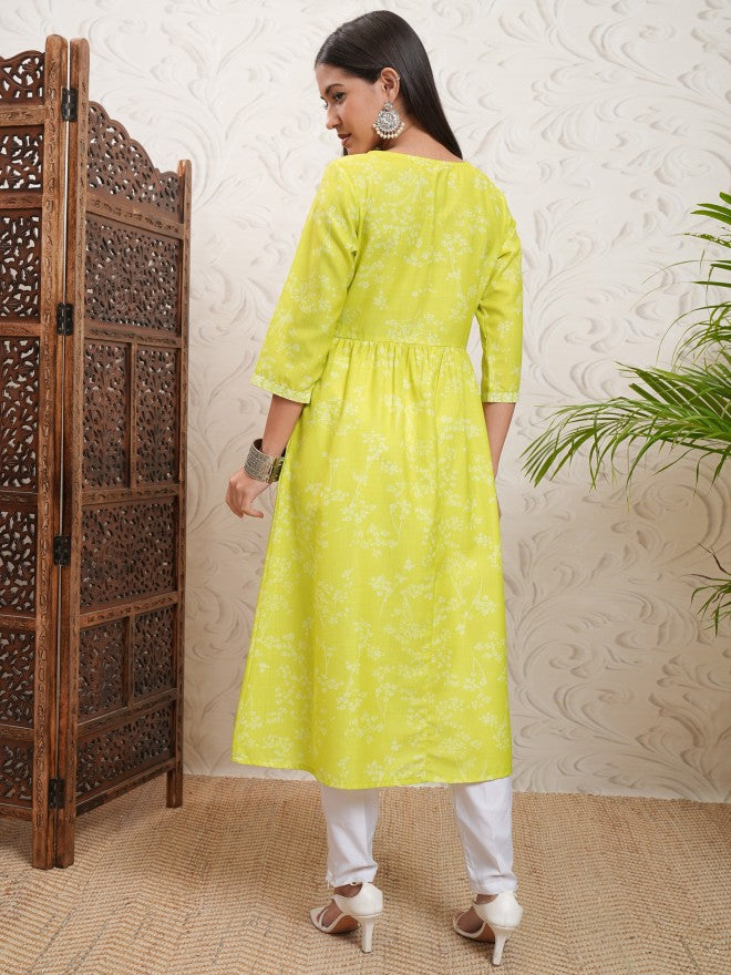 Vishudh Women Green Printed A-Line Kurta - Green - Image 3
