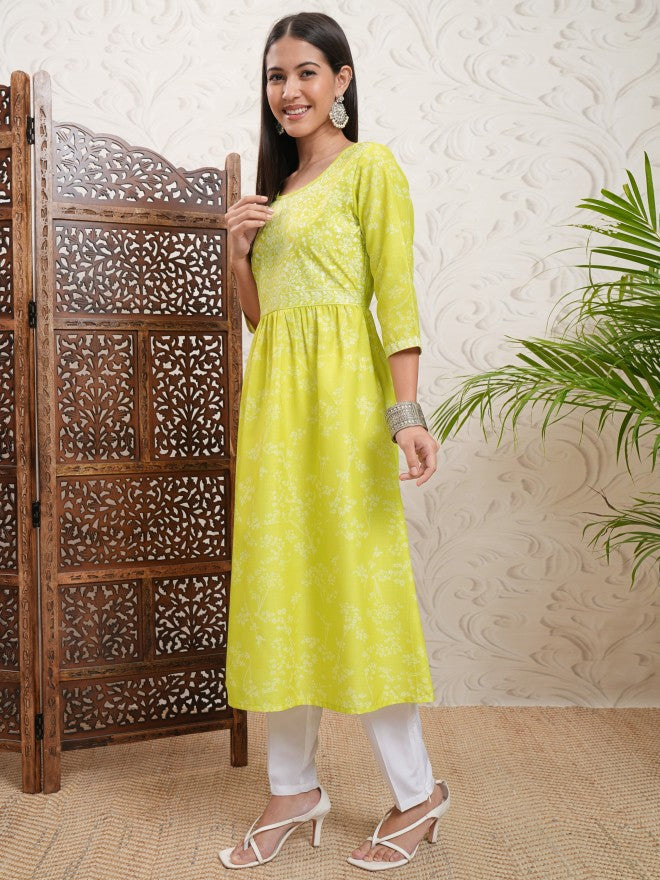 Vishudh Women Green Printed A-Line Kurta - Green - Image 4