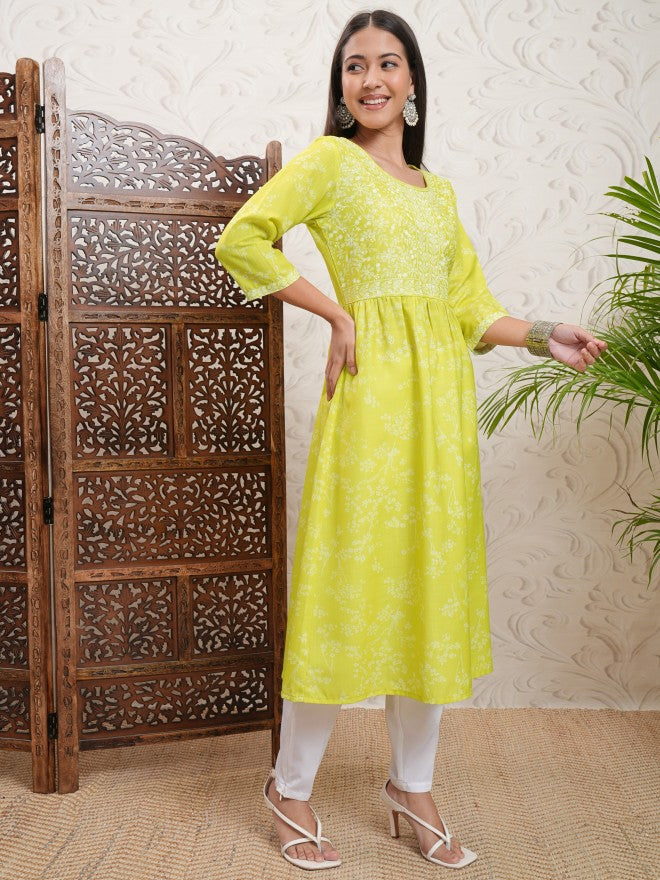 Vishudh Women Green Printed A-Line Kurta - Green - Image 6