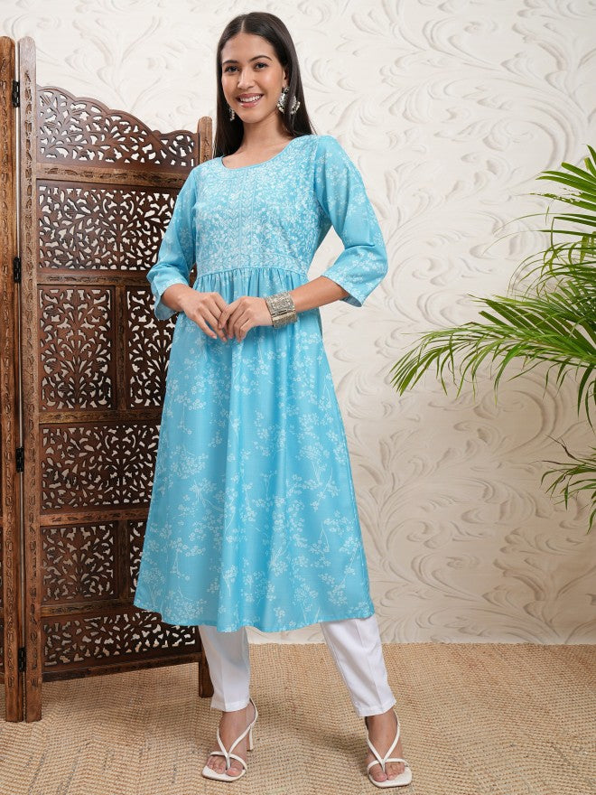 Vishudh Women Blue Printed A-Line Kurta - Blue - Image 2