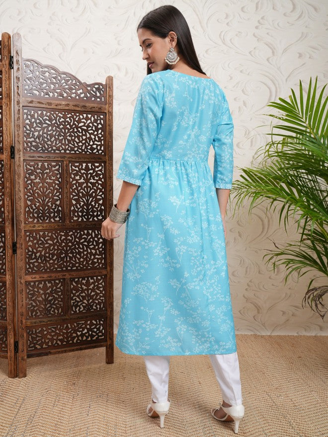 Vishudh Women Blue Printed A-Line Kurta - Blue - Image 3
