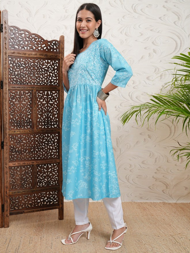 Vishudh Women Blue Printed A-Line Kurta - Blue - Image 4