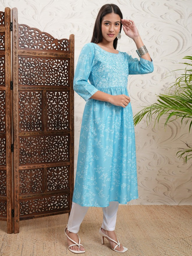 Vishudh Women Blue Printed A-Line Kurta - Blue - Image 6