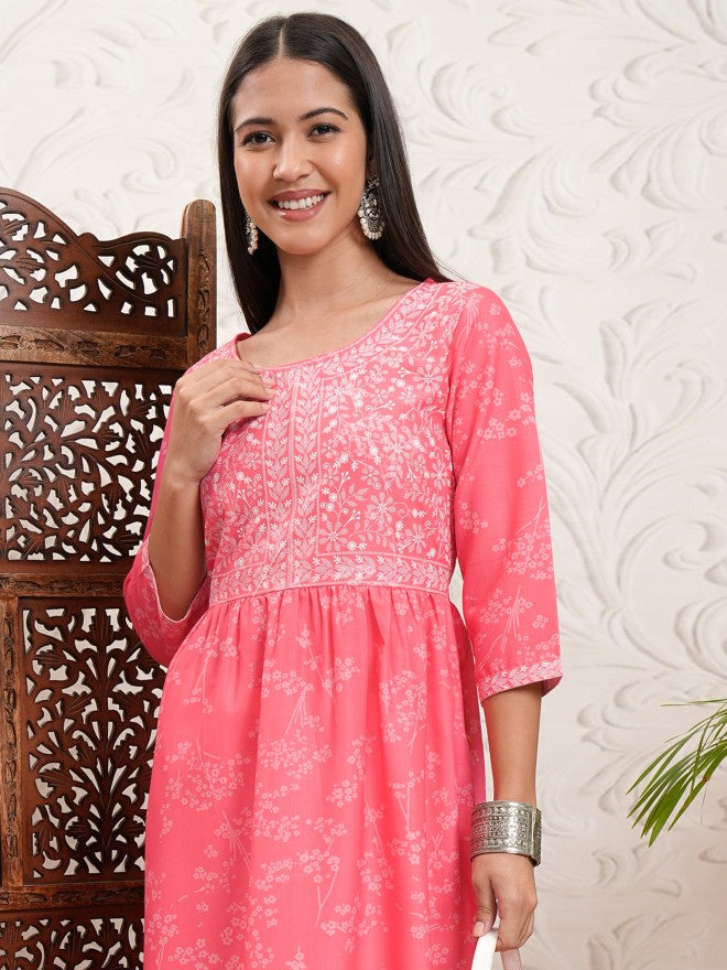 Vishudh Women Pink Printed A-Line Kurta - Pink - Image 1