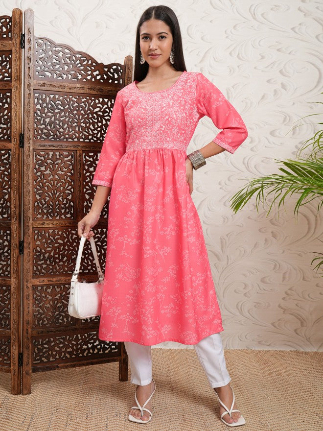 Vishudh Women Pink Printed A-Line Kurta - Pink - Image 2