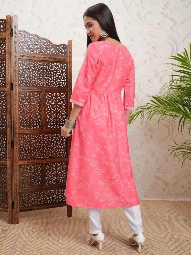 Vishudh Women Pink Printed A-Line Kurta - Pink - Image 3