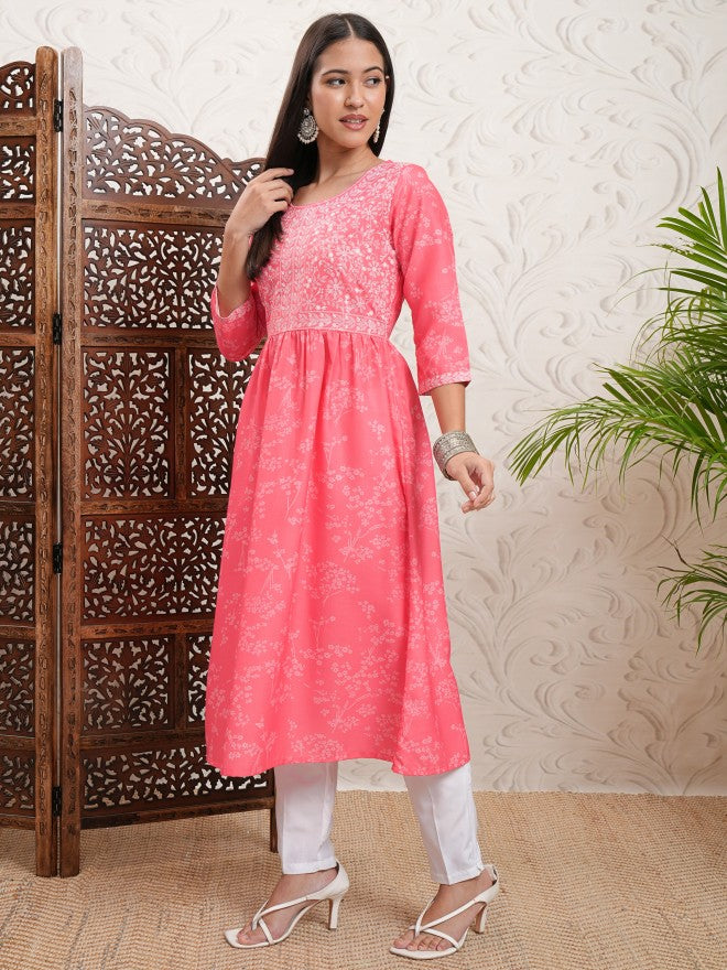 Vishudh Women Pink Printed A-Line Kurta - Pink - Image 4